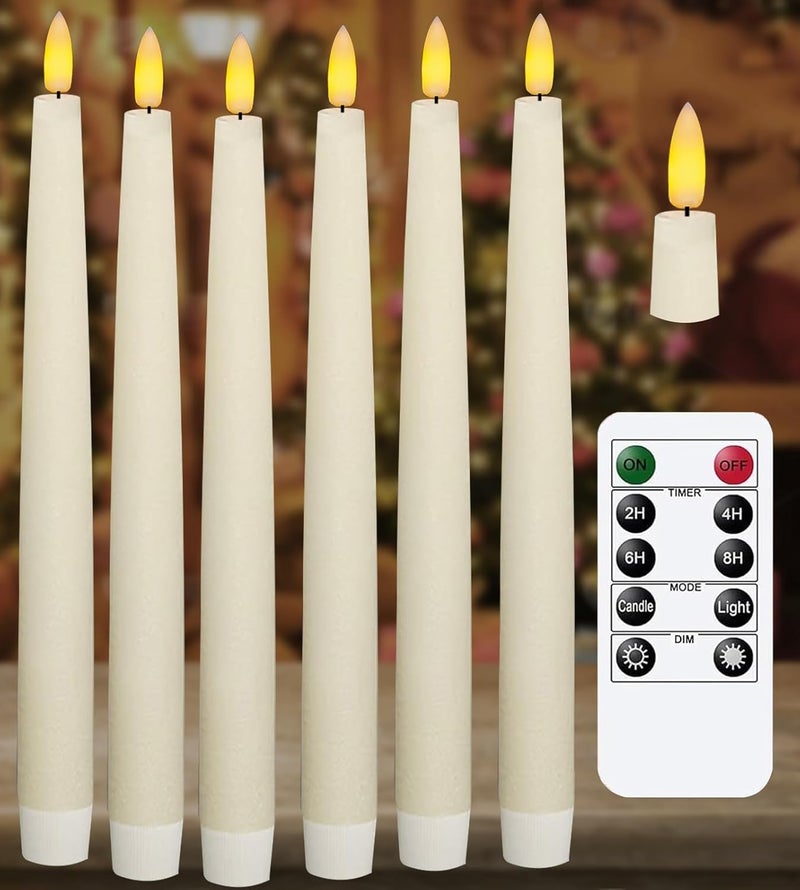 KSWING Upgraded Real Wax LED Flameless White Taper Candles with Remote, 6 PCS Candlesticks Battery Operated 3D Flickering - 9.6" Long Realistic Fake Candle Sticks for Home/Wedding/Fireplace Xmas Decor - Image 1